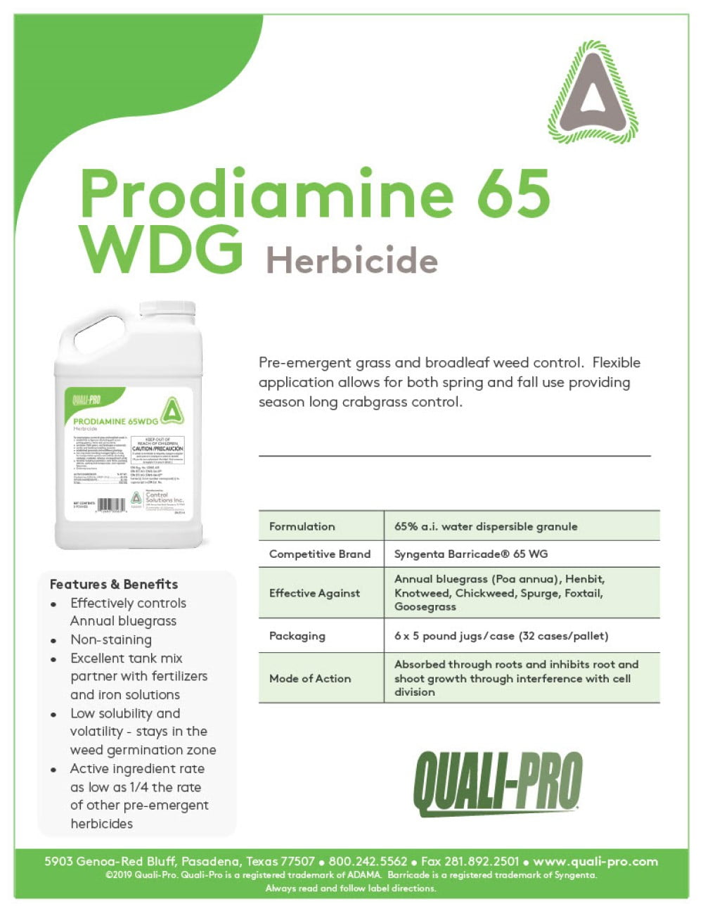 Quali-Pro Prodiamine 65 WDG Pre-Emergent Herbicide (Generic Barricade) - 5 Lbs Jug by Control Soultions