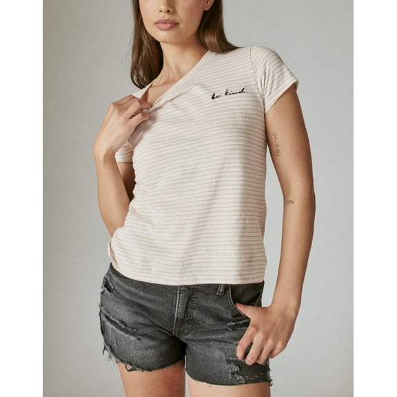 Lucky Brand Embroidered Striped Cotton T-Shirt Pink Stripe XL