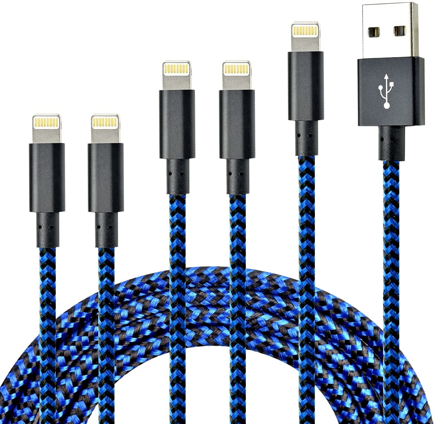 MFi Certified Lightning Cable 5Pack 3/3/6/6/10FT Various Lengths Nylon Braided Fast Charging Data Sync Multiple Long Cords Compatible with iPhone 12/11/Pro/Xs Max/X/8/7/Plus/6S/6/SE/5S iPhone Charger 