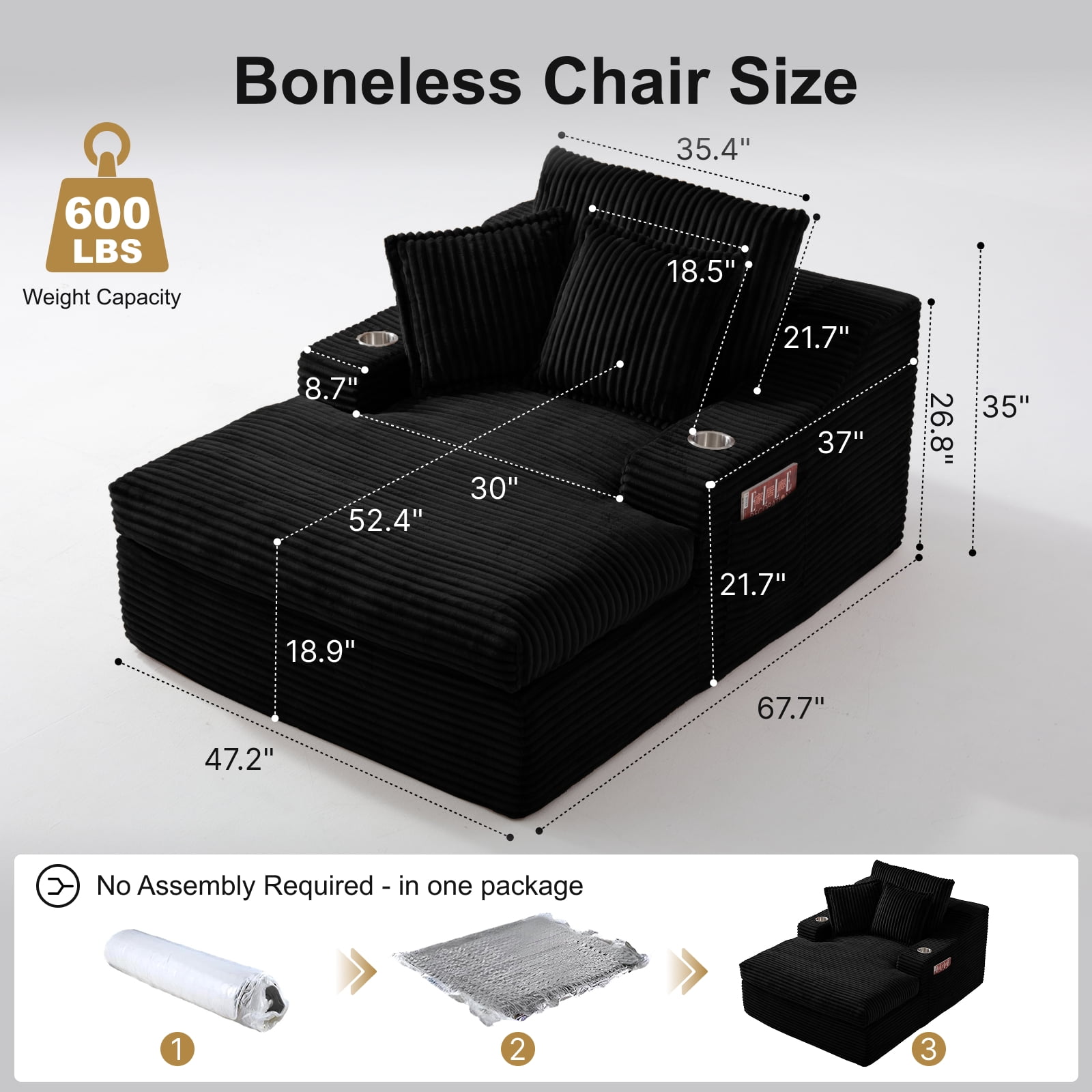 47" Wide Oversized Single Chaise Lounge Chair, 67'' Sleeper Sofa Bed with Cup Holders & 3 Pillows
