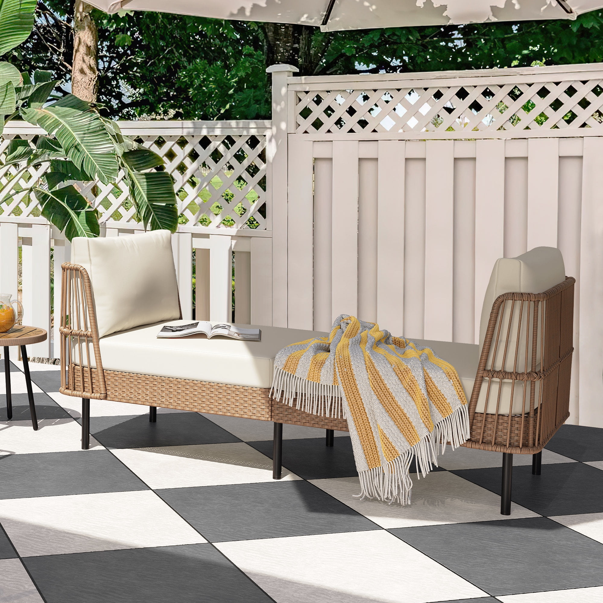 Dextrus Outdoor Daybed 74in Wicker Patio Sofa Bed With Thickness Cushion Indoor Bed Lounger for Balcony Garden Deck Lawn - Beige