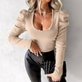 thumbnail image 2 of hotojiny Womens Sweater Tunic Low Cut U Neck Tops Ribbed Long Sleeve Pearl Casual Elegant Shirt Blouse Fall, 2 of 7