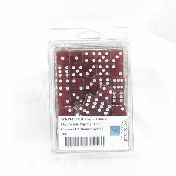 Purple Glitter Dice with White Pips Squared Corners D6 16mm (5/8in) Pack of 100 Wondertrail