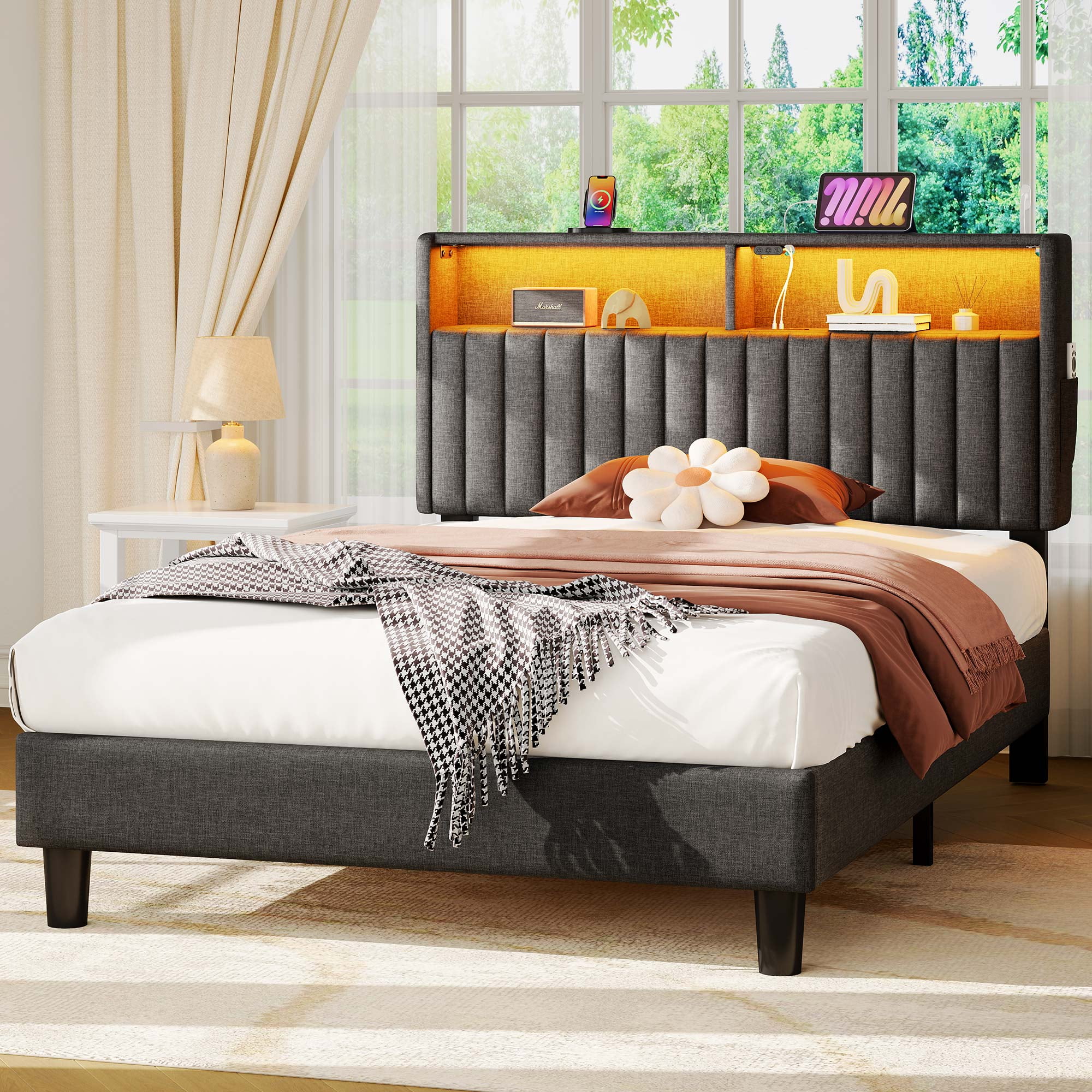 Greenstell Twin Bed Frame with LED Light & Platform Bed with Upholstered Storage Headboard USB Ports & Charging Station, Dark Gray