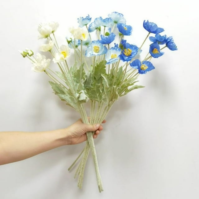 Flores artificiales DODXIAOBEUL, seda de amapola, 9 unidades, azul y blanco