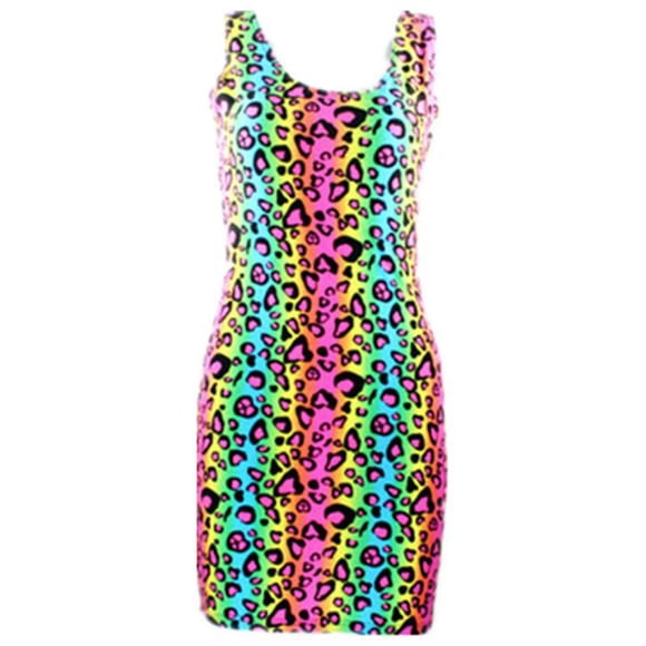 Neon Multi Colored Cheetah Animal Print Tube Bodycon Party Dress Costume (M, Multicolor)