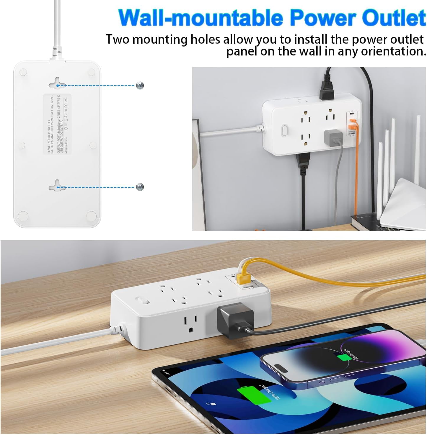 45° Flat Plug Power Strip with USB C, 6FT Extension Cord, 8 Outlets and 4 USB Ports (2 USB C 2 USB A), Multi Plug Outlet Extender with Surge Protection for Home Office Dorm - White