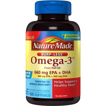 - Nature Made Omega-3 from Fish Oil Softgels One Daily, Burp-Less, 660 Mg EPA + DHA, 125 Ct