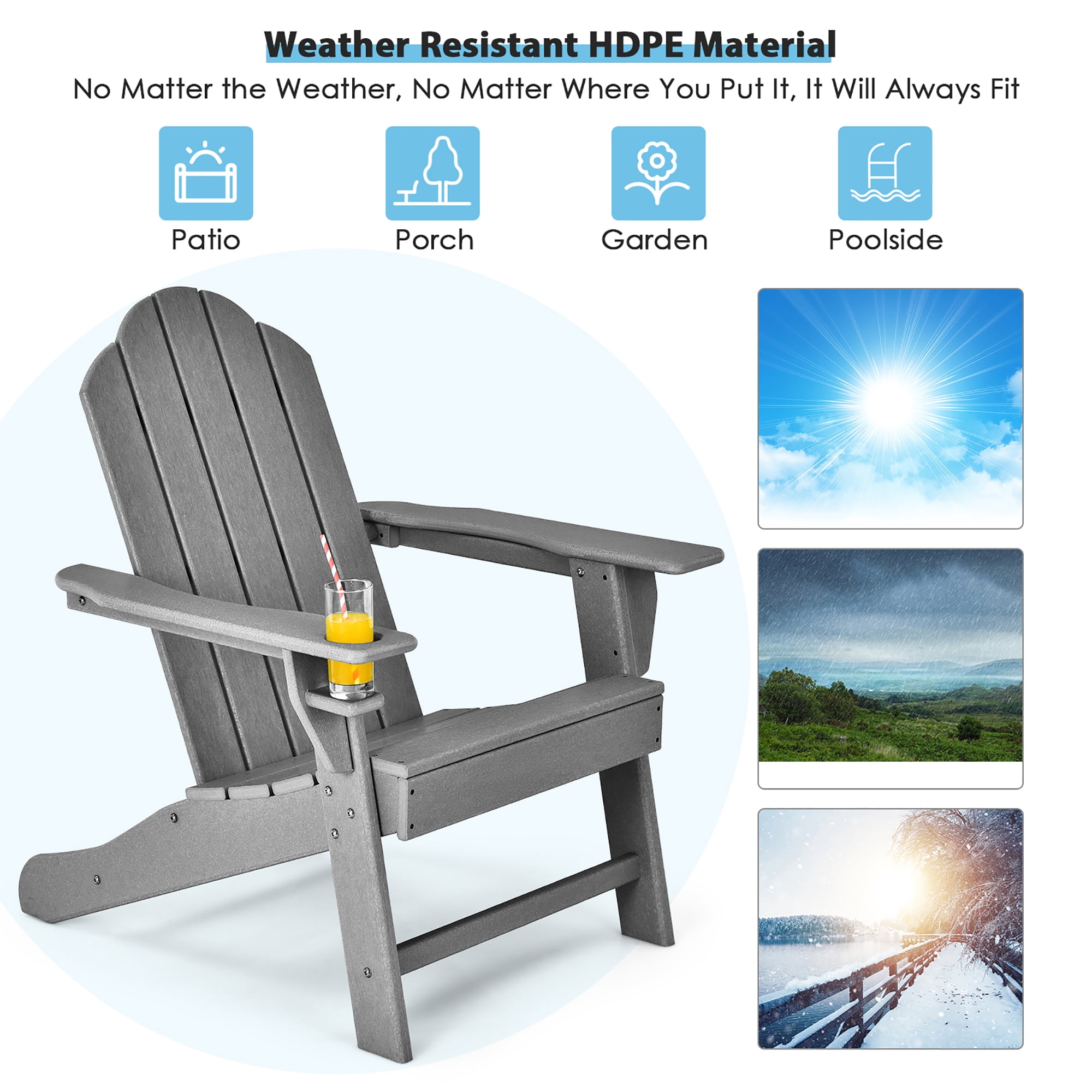 Costway 4PCS Patio Adirondack Chair Weather Resistant Garden Deck W/Cup Holder Grey