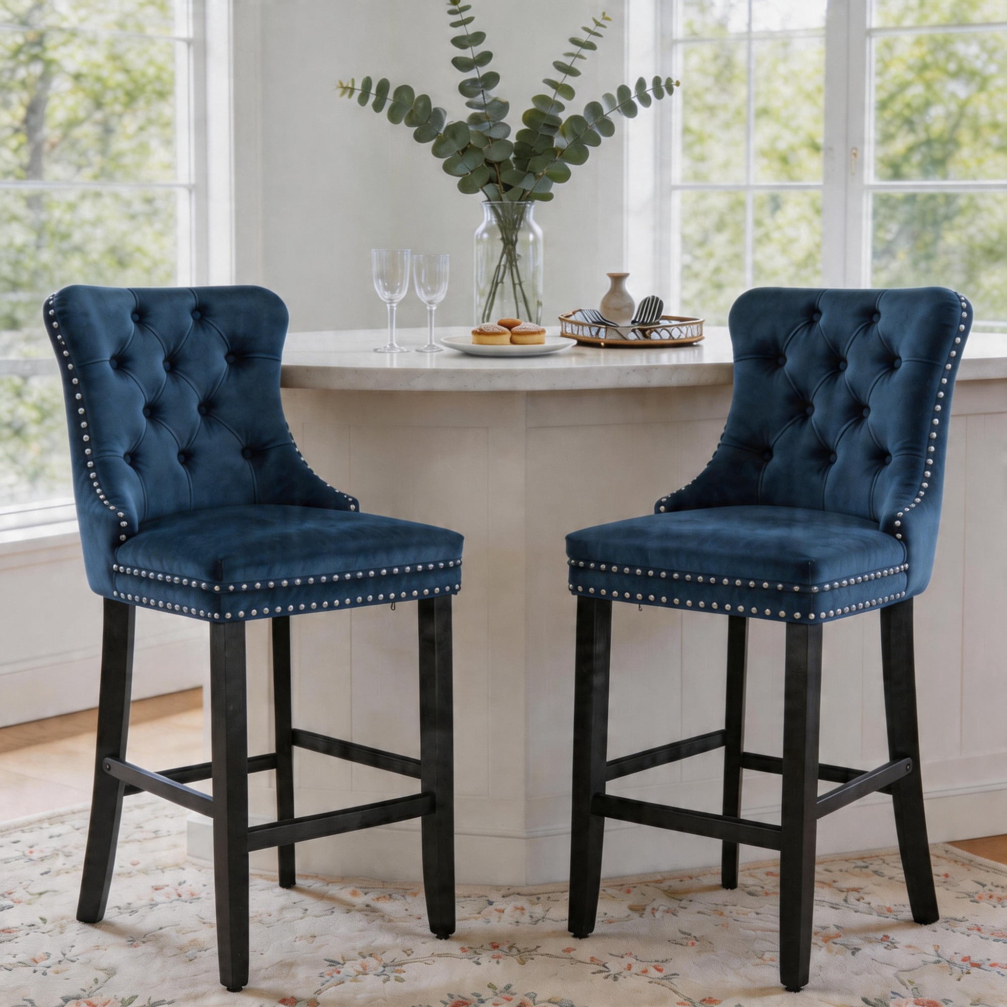 DONICK Velvet Counter Height Bar Stools Set of 6,Button Tufted Back Bar Chair Nailhead Back Pull Tab Wooden Leg(Blue)