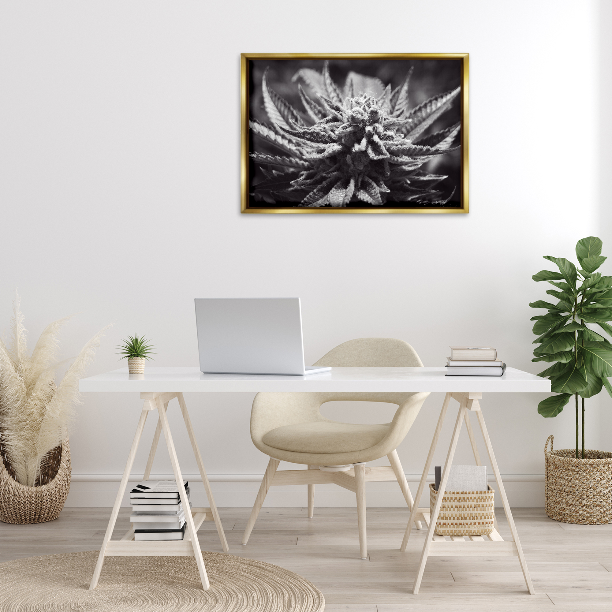 Stupell Industries Monochrome Cannabis Flower Plants & Flowers Painting Gold Floater Framed Canvas Art Print Wall Art, 31 x 21
