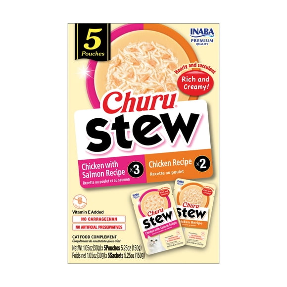 INABA Churu Stew for Cats – Chicken Variety 5-Pack – Chicken with Salmon (3) & Chicken (2) – Free-range shredded chicken in creamy gelée, vitamin-E added, side-dish pouches, 30g each