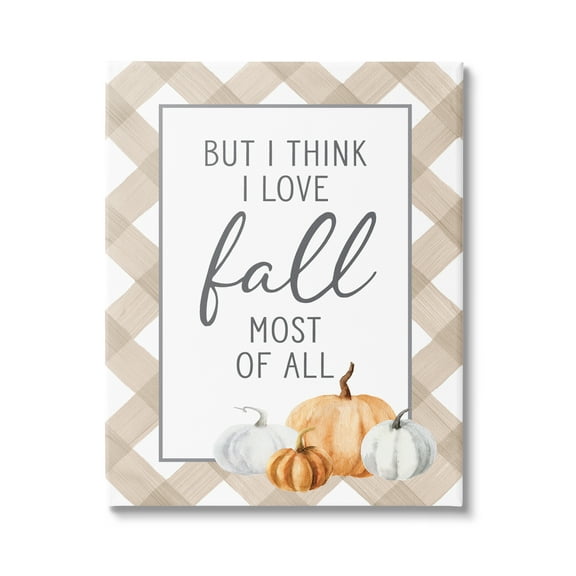 Stupell Industries Love Fall Most Of All Autumn Pumpkins Plaid Border Graphic Art Gallery Wrapped Canvas Print Wall Art, Design by Lettered and Lined