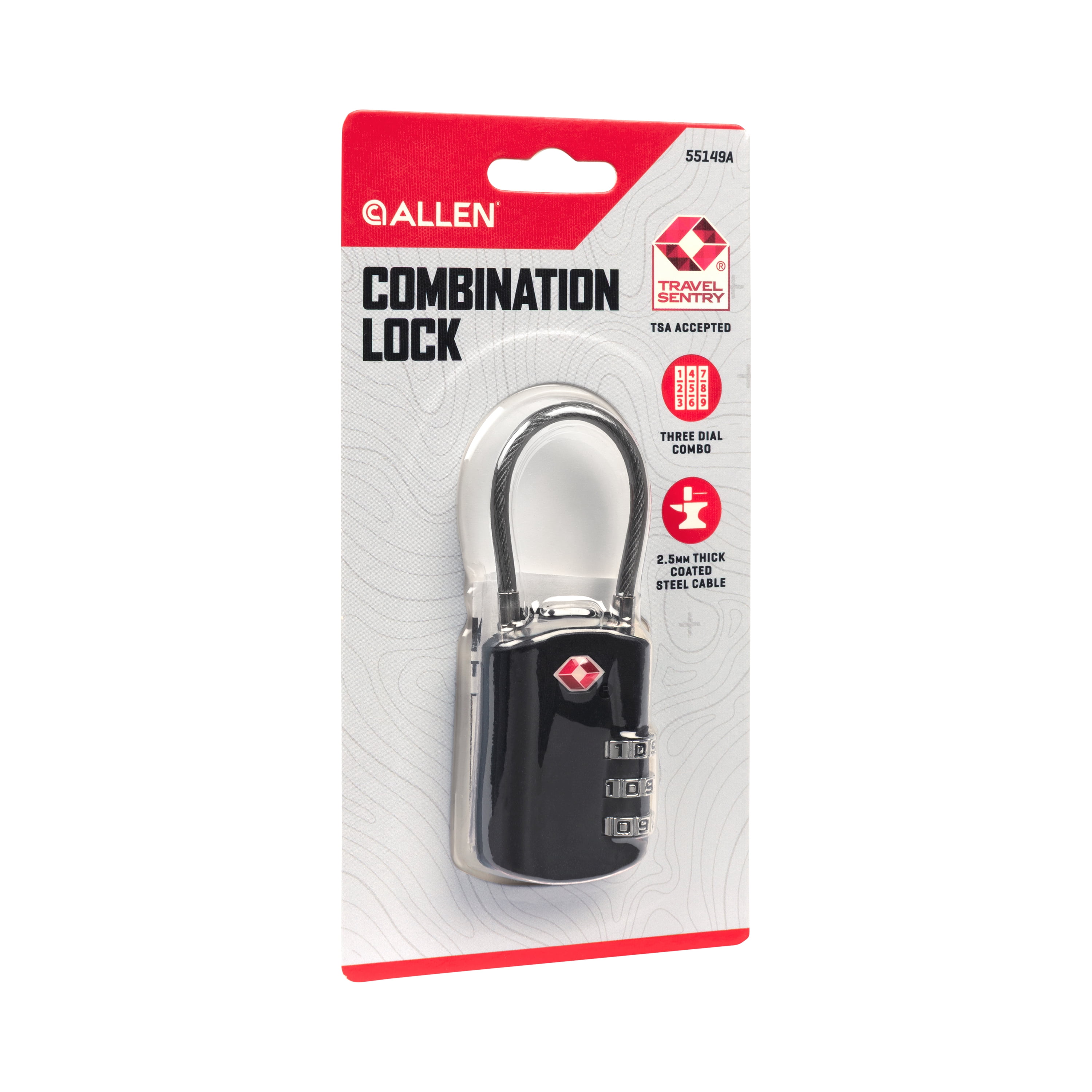 Allen Company TSA Lock with Combination, Black Steel Cable Lock, 1.25" Cable, 3 Wheel Combination