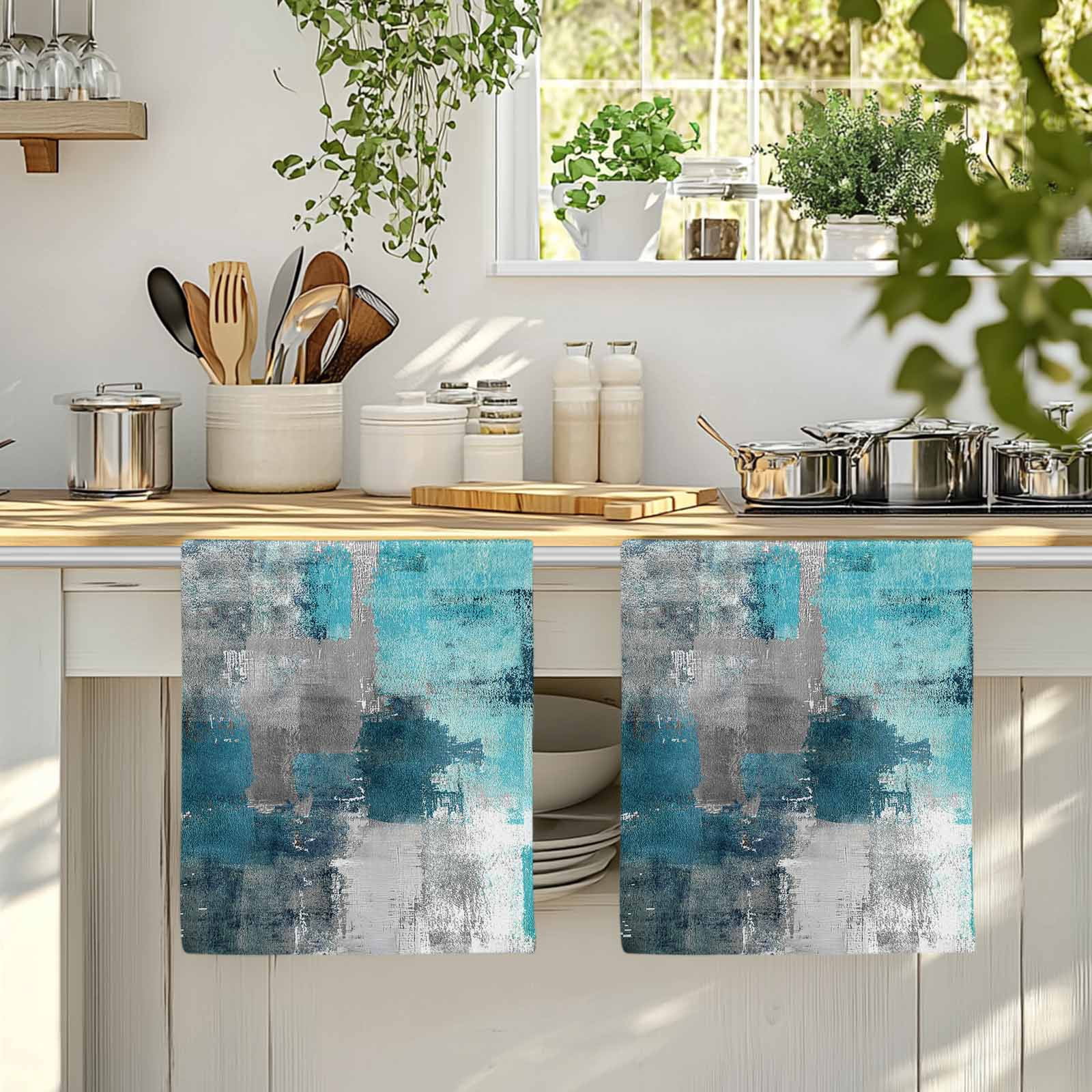 Dish Towels, Teal Gray Block Absorbent Kitchen Towels 2 PCS, Abstract Art Microfiber Hand Towels Dish Cloths Tea Towels for Home&nbsp;Bathroom Cleaning Drying,18X28-Inch,