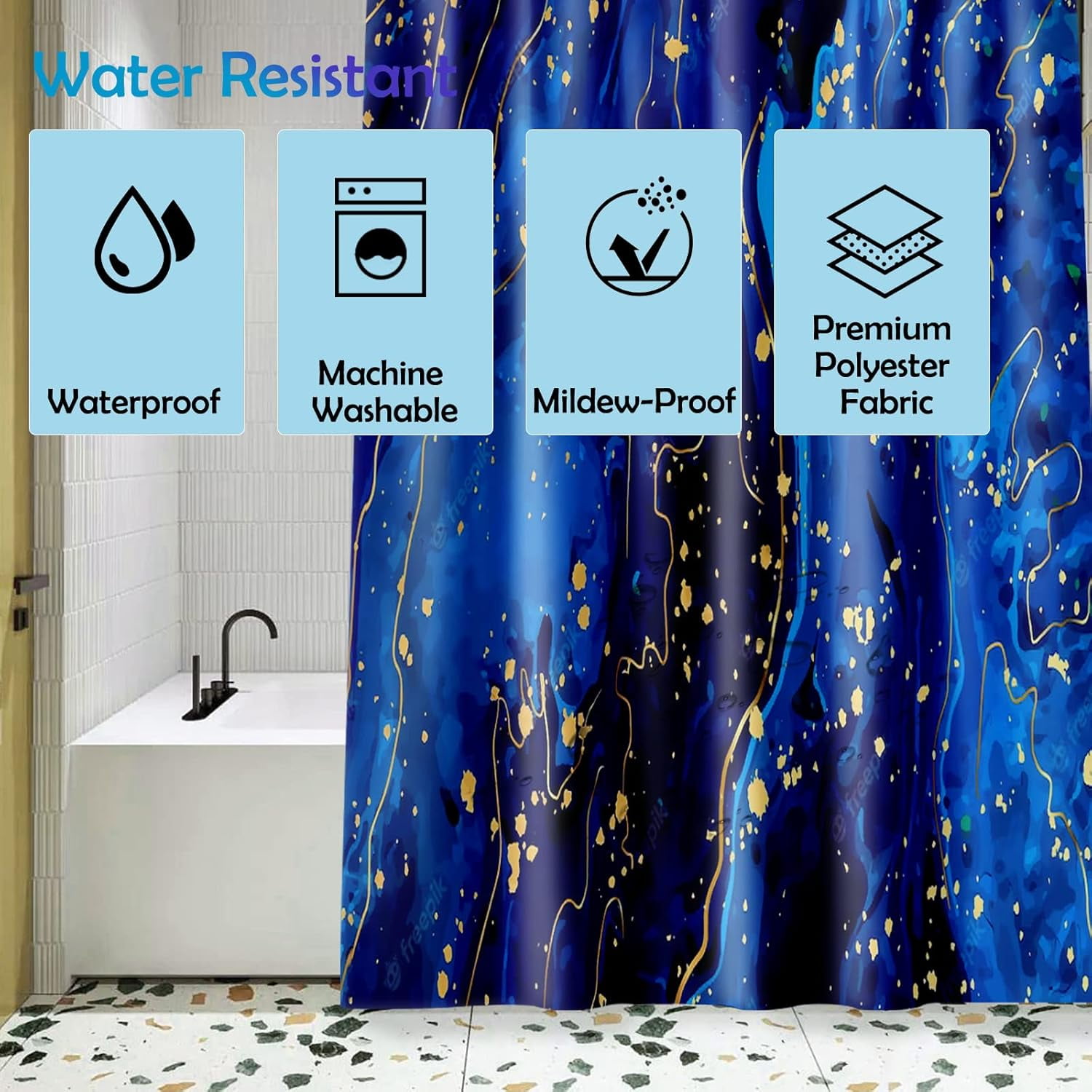 Bathroom Sets with Shower Curtain and Rugs, Bathroom Curtains Shower Set Include Waterproof Shower Curtain Non-Slip Rug Toilet Lid Cover Bath Mat and 12 Hooks, Blue Marble Shower Curtains