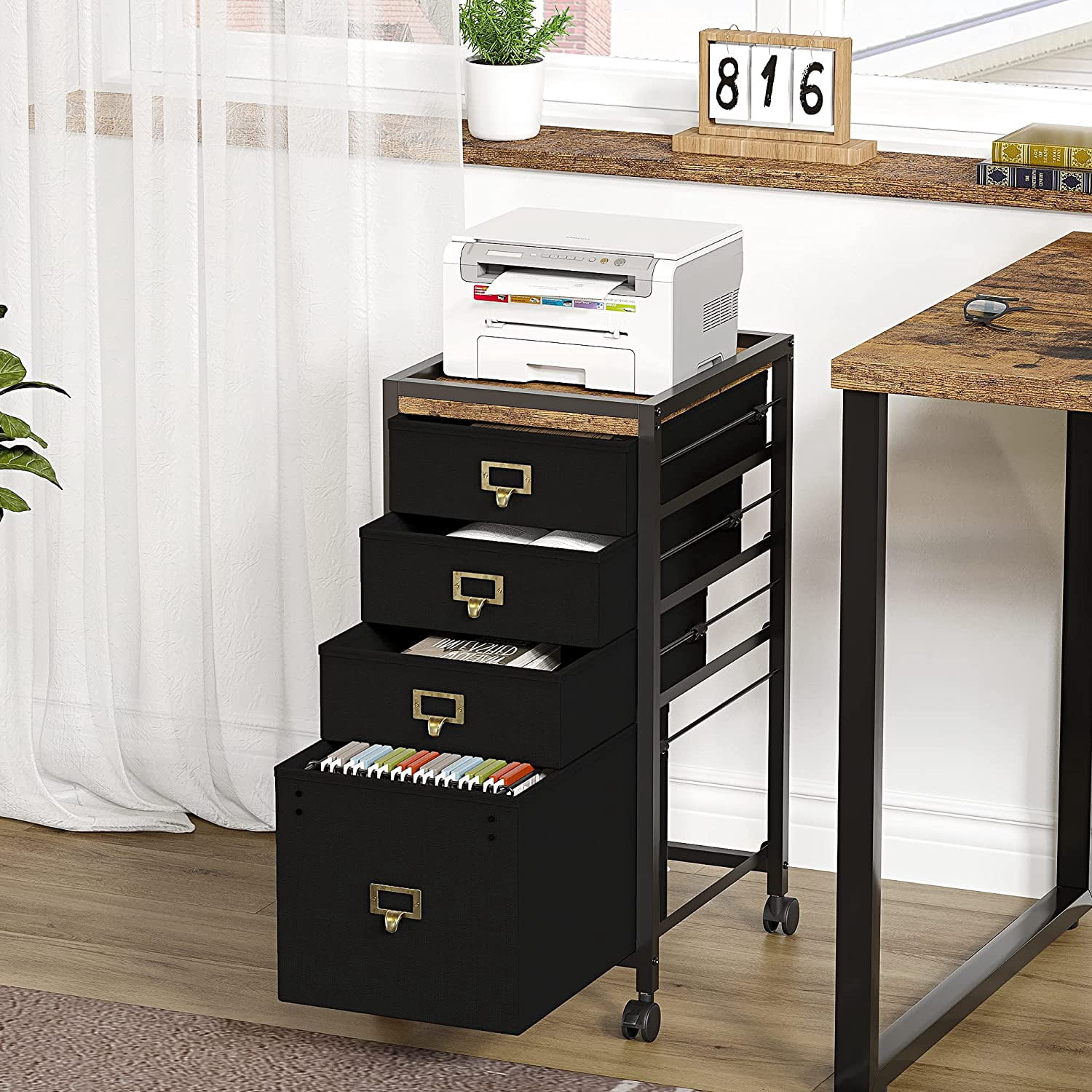 4 Drawer Filing Cabinet, Black File Cabinet Mobile Printer Stand Fits A4 or Letter Size, Fabric Vertical File Cabinet with Wheels, Nightstand End Table for Home Office, Black