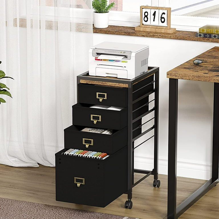 4 Drawer Filing Cabinet Black File Cabinet Mobile Printer Stand Fits A4 or Letter Size Fabric Vertical File Cabinet with Wheels Nightstand End