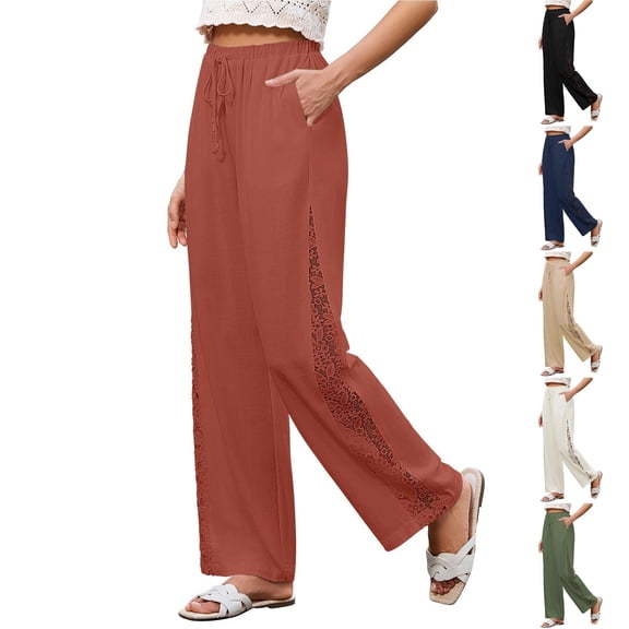 ManxiVoo Women's Crochet Panel Linen Pants – Elastic Waist High Waisted Wide Leg Casual Summer Beach Trousers