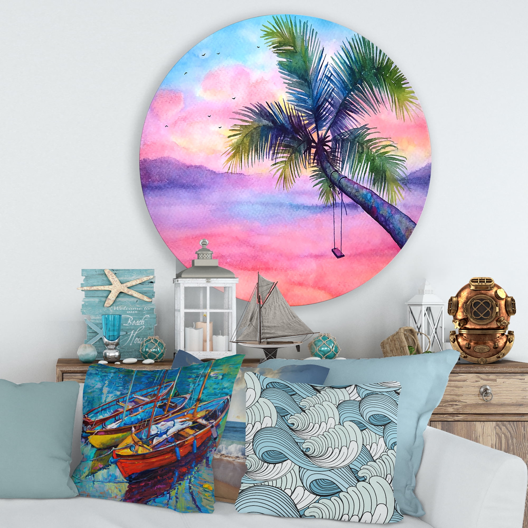 Designart 'Vivid Sunset Landscape With Swing and Palm' Nautical & Coastal Circle Metal Wall Art 36x36 - Disc of 36