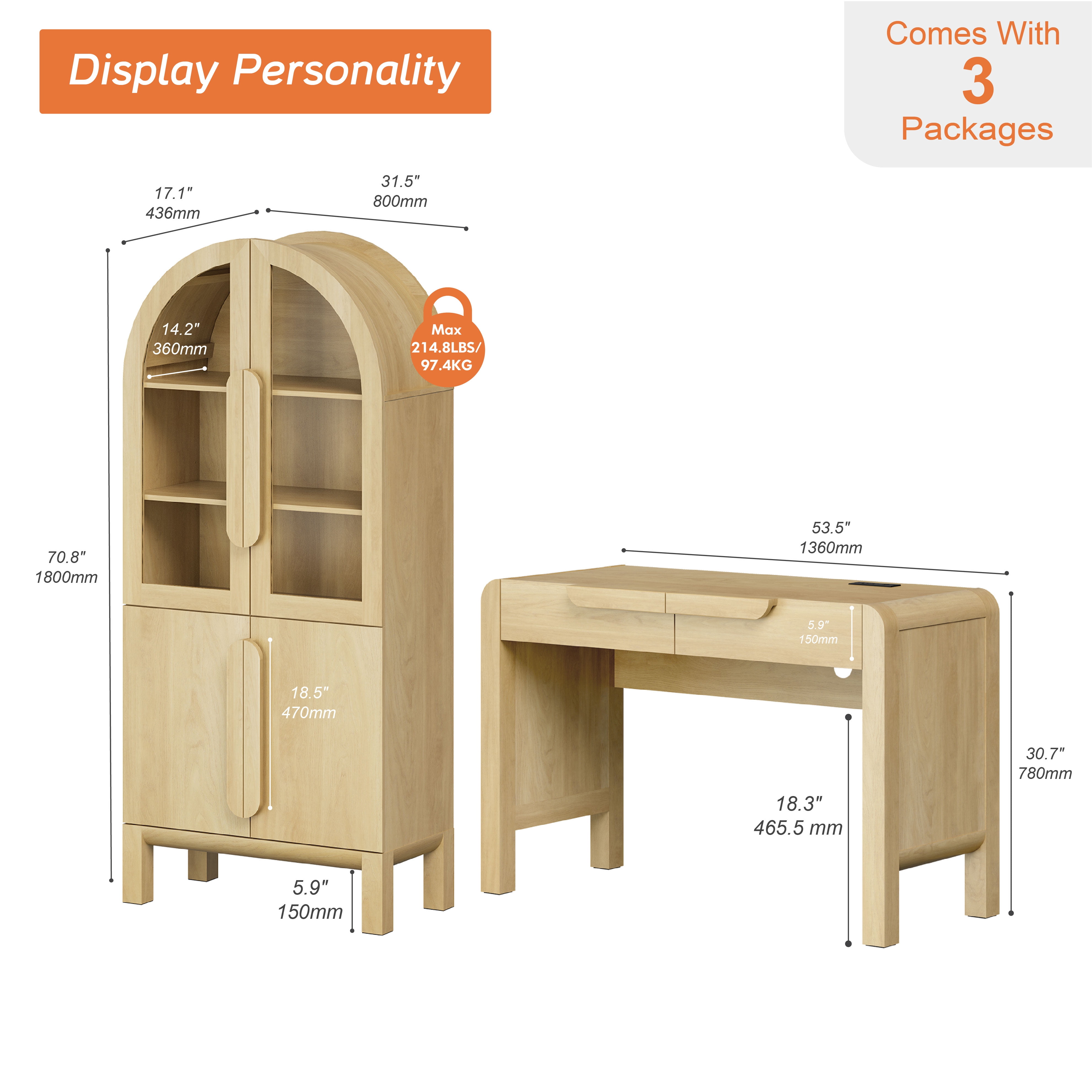 2 Piece Office Set, 47" Modern Executive Desk with Charging Station and Drawers & 71"H Tall 3-Tier Arched Bookcases with Glass Door for Living Room, Bedroom, Home Office