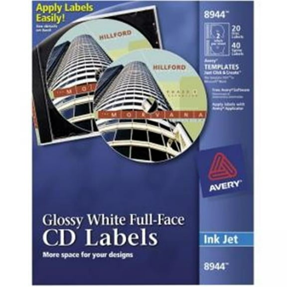 Avery  Avery Inkjet Full-Face CD Labels- Glossy White- 20/Pack- PK -