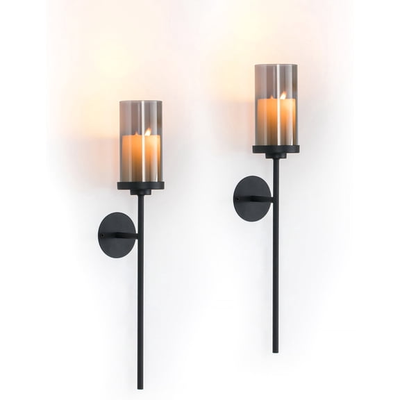 Sziqiqi Set of 2 Modern Black Wall Candle Holder: 22" Long Metal Sconces with Smoky Gray Glass Minimalist Candle Holders for Living Room Hallway Beside Fireplace Farmhouse Wall Art