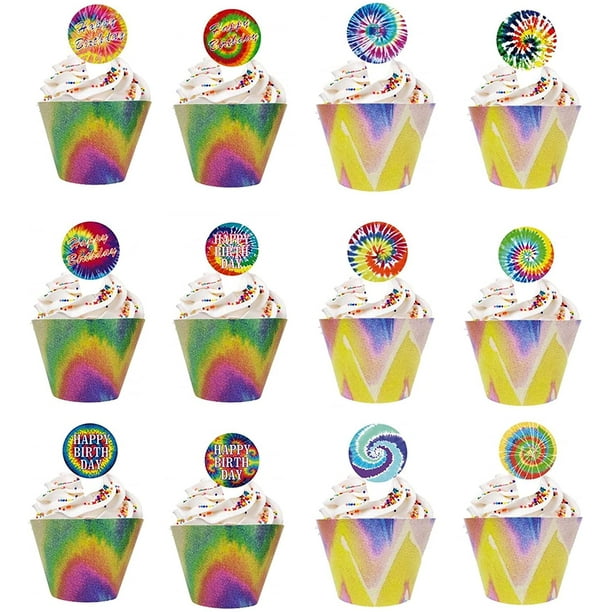 48 Pieces Tie Dye Cupcake Toppers and Cupcake Wrappers for Rainbow