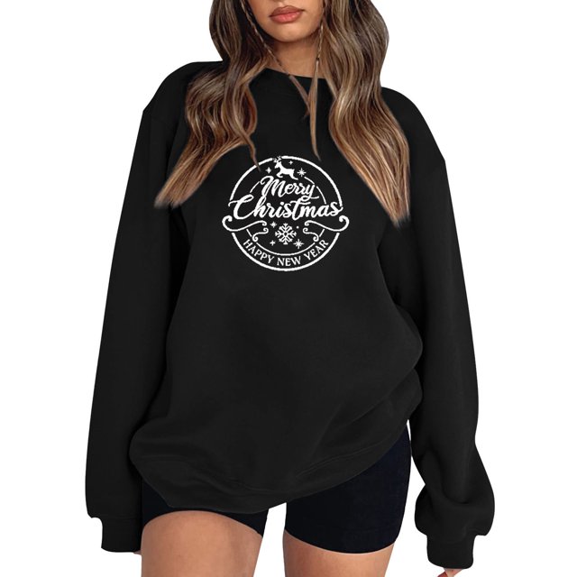 Sudadera de Manga Larga Gibobby con Cuello Redondo y Estampado Navideño para Mujer Negro XL