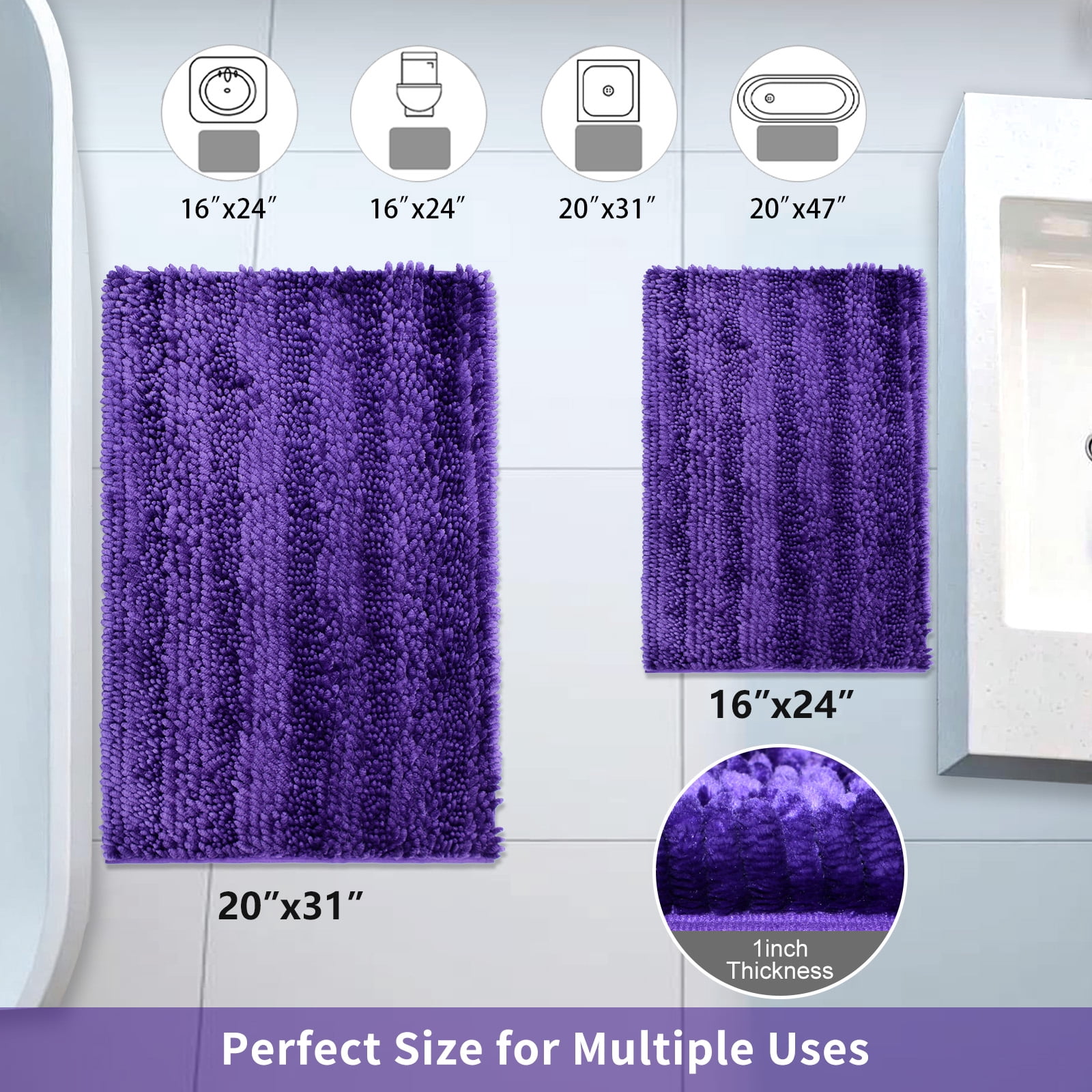 Civkor Bathroom Rugs, Bath Mats Set 2 Pieces Non Slip, 31x20 Plus 24x16Inch, Machine Washable, Soft Shiny Chenille and Quick Qry, Dark Purple