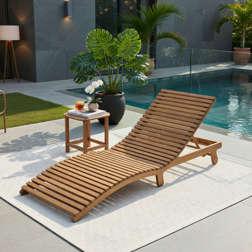 Hommoo Teak Wood Folding Chaise Lounge Chair for Patio, Backyard & Poolside, Slatted Design, Easy-Store Outdoor Recliner, Natural