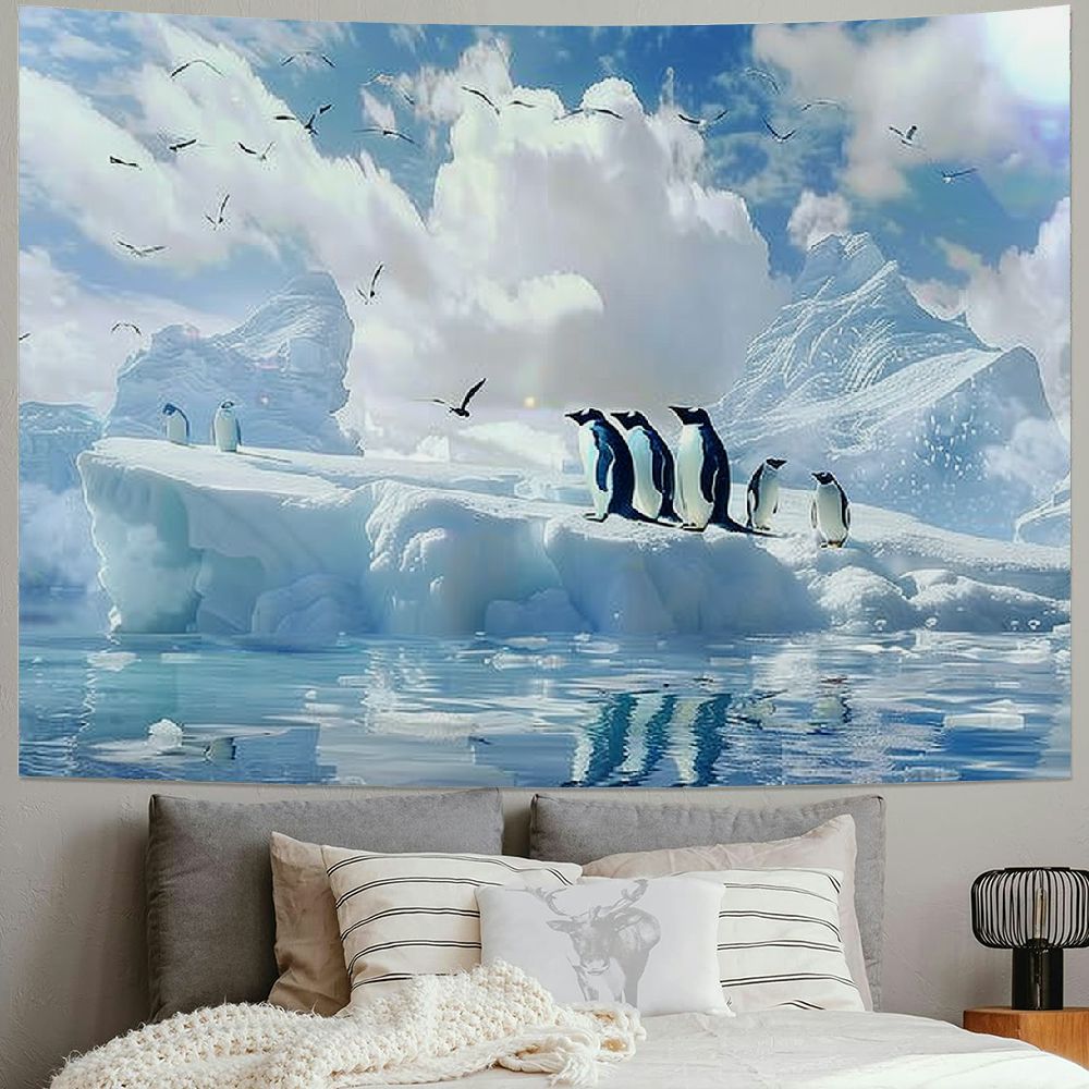 Stampa Su Tela Con Pinguini E Aurora Boreale - Quadro 60x90 Cm Per Soggiorno