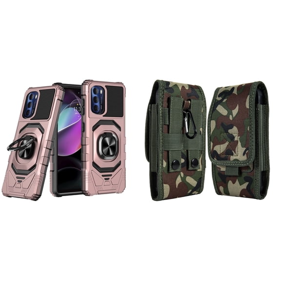 Case with Belt Holster Bundle for Moto G Stylus 5G 2022: Heavy Duty Shield Cover (Rose Gold) and Vertical Rugged Nylon Phone Pouch (Green Camo)
