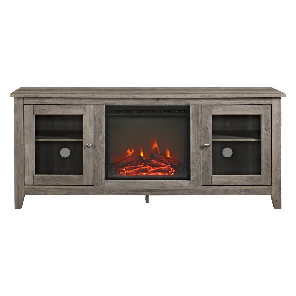 we furniture 58" wood media tv stand console with fireplace grey wash