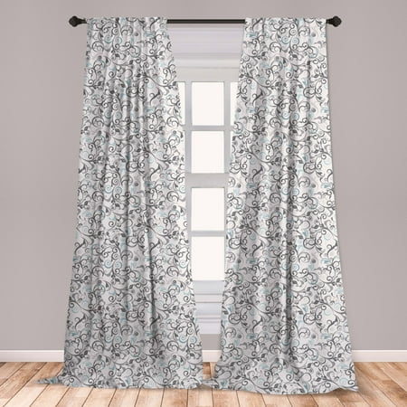 Floral Curtains 2 Panels Set, Damask Antique Baroque Curls Classic Old Fashioned Royal Revival, Window Drapes for Living Room Bedroom, Grey Pale Blue White, by Ambesonne