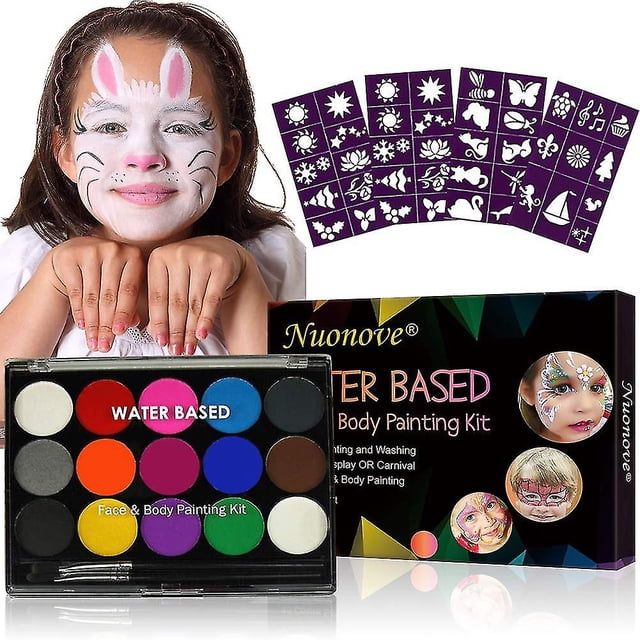 Kit de pintura facial para niños, pinturas faciales, pintura facial y corporal, con 2 pinceles profesionales, 15 colores, 40 plantillas de tatuajes