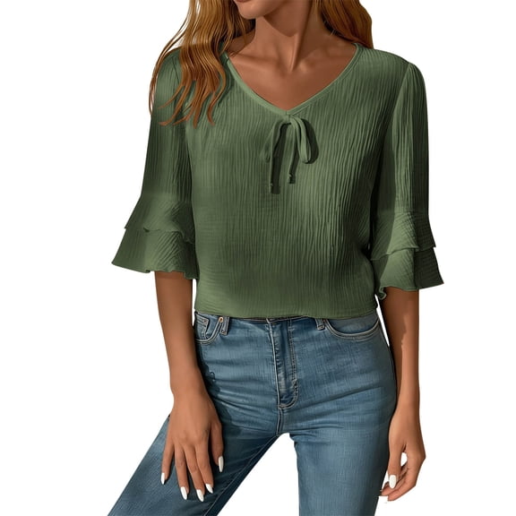 MaFYtyTPR Summer Tops for Women Loose Casual Solid Color Half Sleeve V-Neck Imitation Cotton Linen Shirts Army Green L