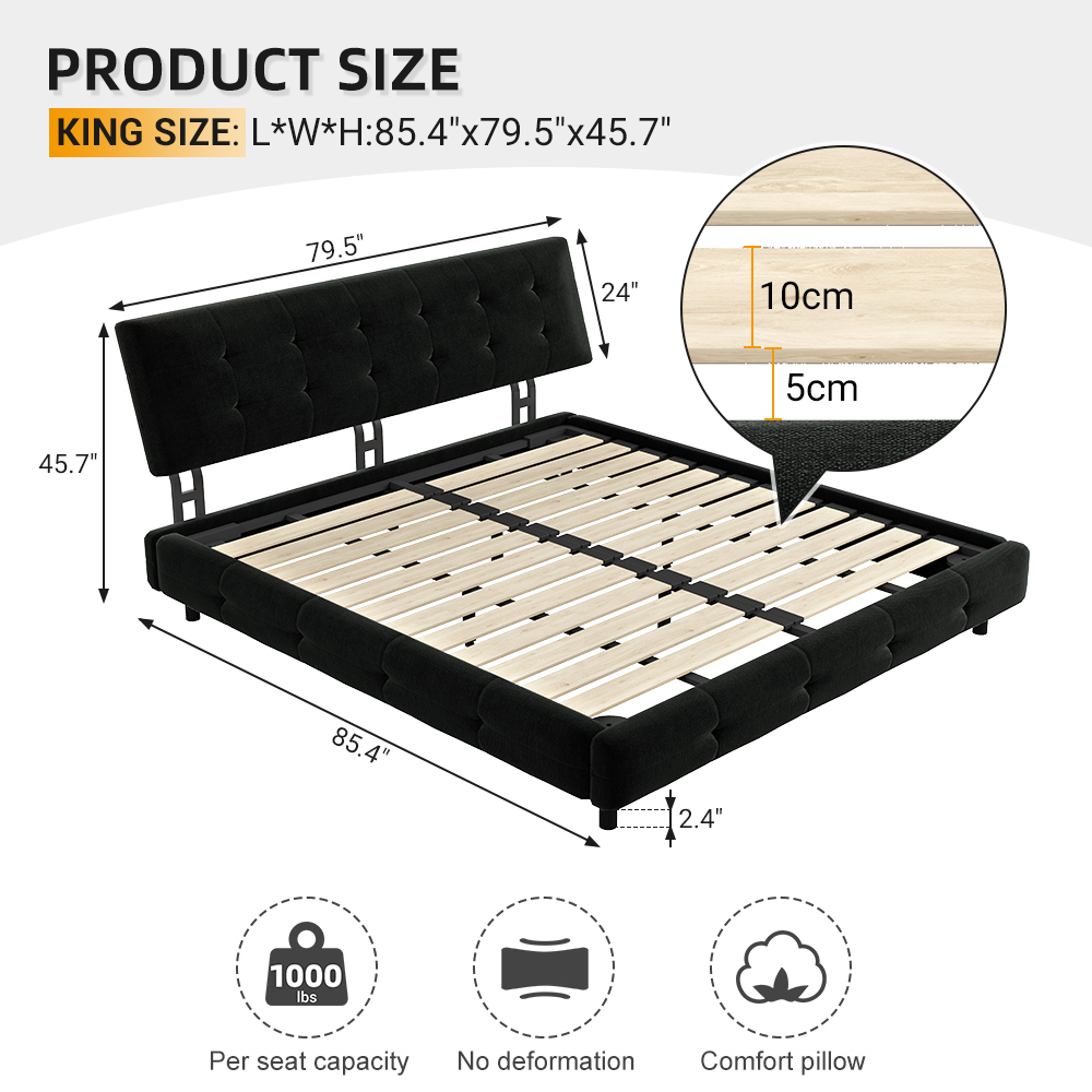 King Size Bed Frame for Bedroom, Platform Bed Frame with Tufted Headboard, Metal and Wooden Slats Double Support, Ultra-Soft Cloud Pillow Design, Noise-Free, Black