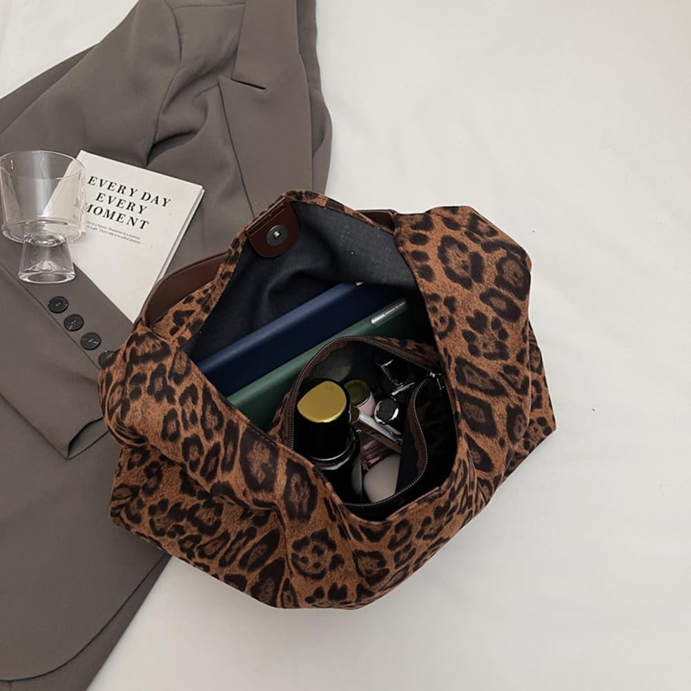 Leopard Tote Bag for Women,Cute Bag Cheetah Print Purse,Vintage Slouchy Hobo Bag Large Capacity Tote Bag Suede Bag