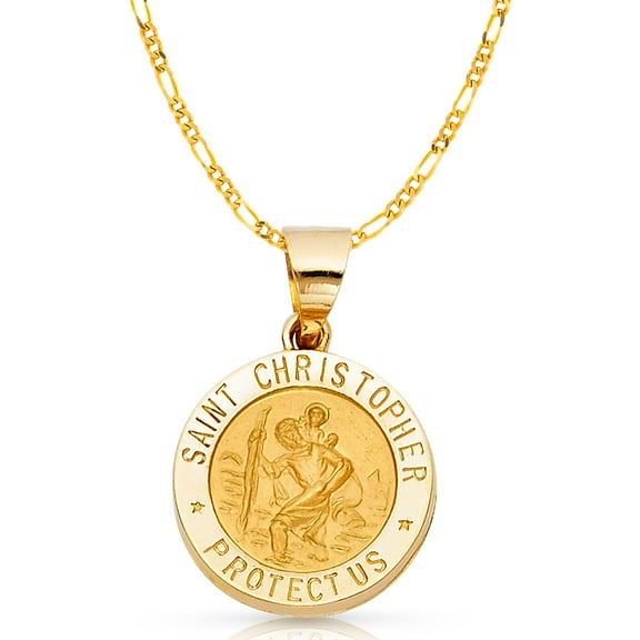 Ioka-14K Yellow Gold St. Christopher Charm Pendant with 2.3mm Figaro 3 1 Chain Necklace - 24"