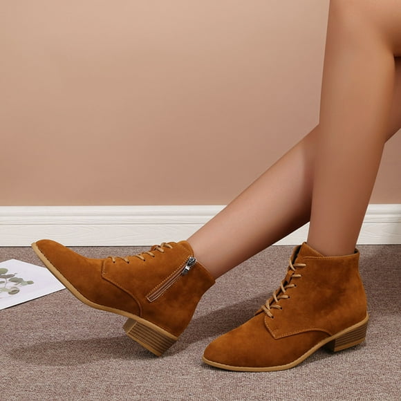 Bmisegm Wide Width Women's Boots Ladies Fashion Solid Suede Front Lace up Boots Side Zipper Heel Short Boots Boots for Women Brown 7.5