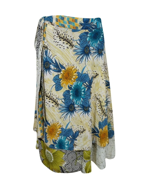 Mogul Womens Wrap Midi Skirt Gray Blue Floral Print,Skirts One size