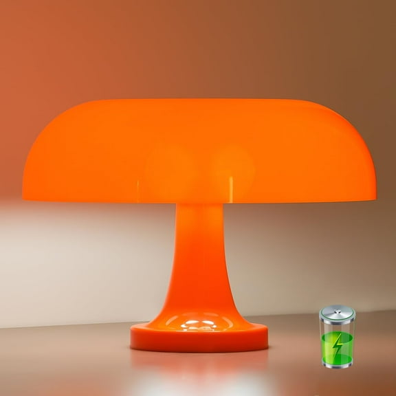 Cordless Mushroom Table Lamp, Rechargeable Orange Bedside Lamp with Touch Control and 3 Color Stepless Dimming, Portable Desk Lamp for Dinner/Restaurant/Bedroom (W11'' x H7.67'')