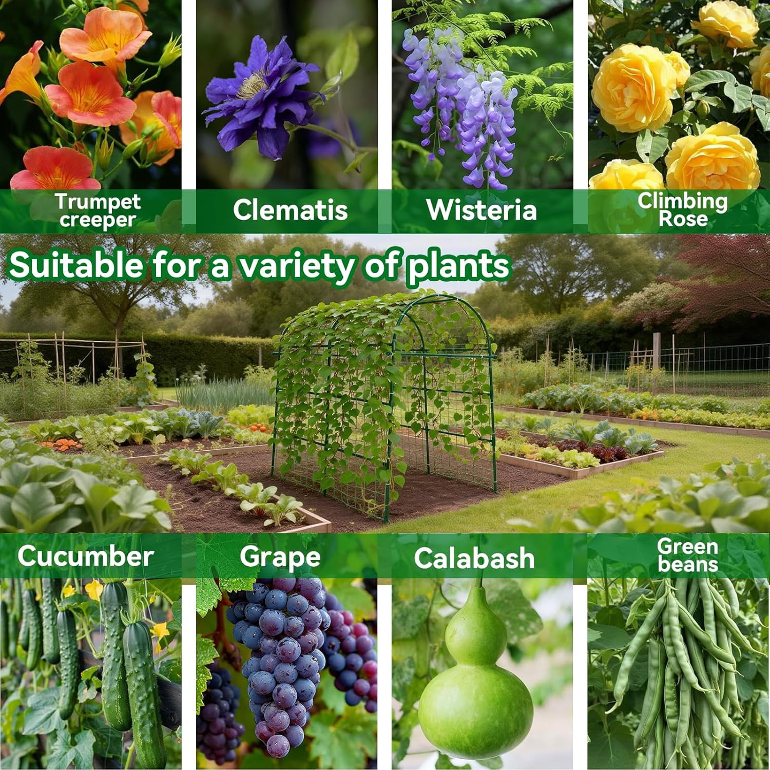 Garden Arch Trellis for Climbing Plants Outdoor - 83" H*71" W*43" L Large Rustproof Garden Trellis, Heavy Duty Grape Trellis, Tunnel Trellis for Melons, Pumpkins, Cucumbers, Peas(Black)