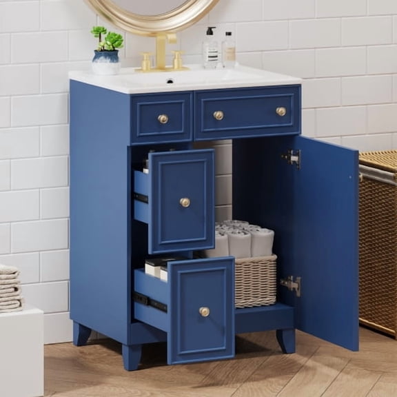 24" Ceramic Sink Small Bathroom Storage Cabinet, Bathroom Organizer Cabinet with Soft Close Door, Compact Vanity Unit for Small Spaces with Drawers for Bathroom, Blue