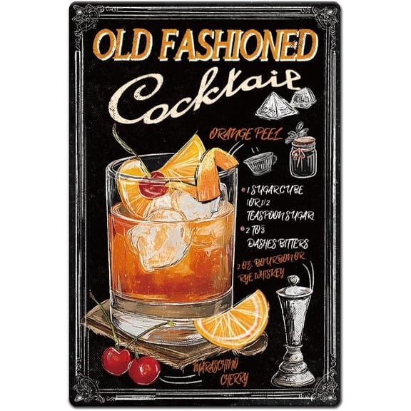 Vintage Old Fashioned Cocktail Recipe Metal Tin Sign Bar Wall Plaque Iron Poster for Home Pub Kitchen Man Cave Decor