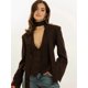 thumbnail image 5 of Chaqueta de Traje de Larga para Mujer, Color Liso, Cuello en V, Corte Entallado y Hombreras Marrón S, 5 of 10