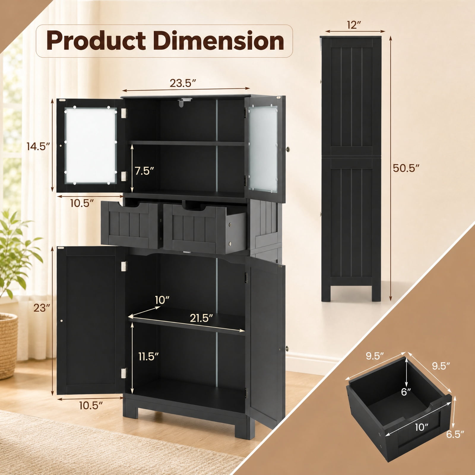 Vebreda Freestanding Bathroom Storage Cabinet, 4 Door Freestanding Bathroom Floor Storage Cabinet with 2 Drawers and Glass Doors