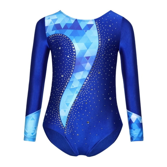 TiaoBug Filles Enfants Justaucorps de Gymnastique Ballet Danse à Manches Longues avec Strass Patinage Artistique sur Glace Justaucorps Bleu Royal 8