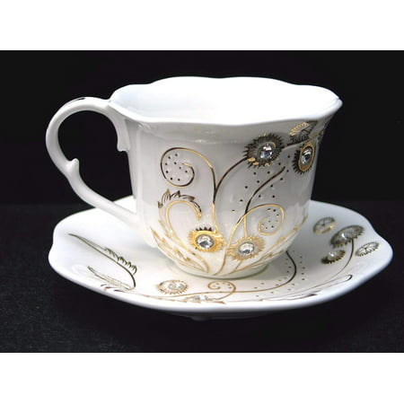 Euro Porcelain 12-pc Coffee Tea Cup Set, 24K Gold plated w/ Swarovski Design inlaid Rhinestones, Bejeweled Bone China Cups (8 oz) w/ 5.5